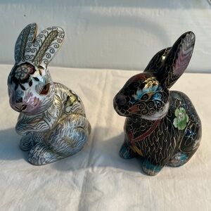 Chinese Cloisonné Figures Black Enamel Rabbit And White Enamel Rabbit